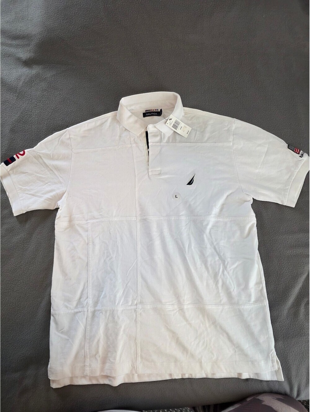 Nautica Men’s White Short Sleeve Polo Shirt Embroidered Flags Size L NWT